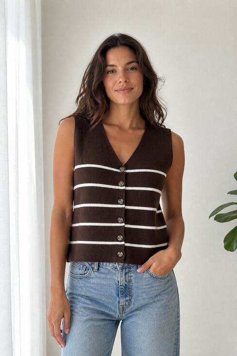 Joie Tops - Joie Brown White Striped Button Vest Medium